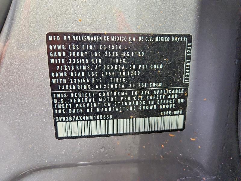Aukcja sprzedaży 2022 Volkswagen Tiguan, vin: 3VV3B7AX4NM105836, numer aukcji: 57576276