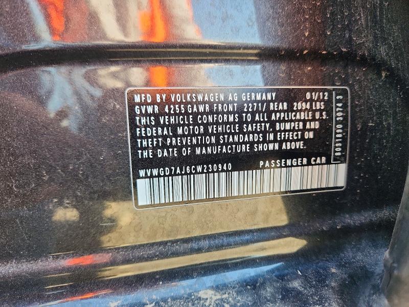 54691976 :رقم المزاد ، WVWGD7AJ6CW230940 vin ، 2012 Volkswagen Gti مزاد بيع