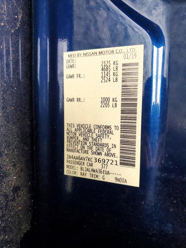 2019 Nissan Maxima მანქანა იყიდება აუქციონზე, vin: 1N4AA6AV7KC369721, აუქციონის ნომერი: 56561216