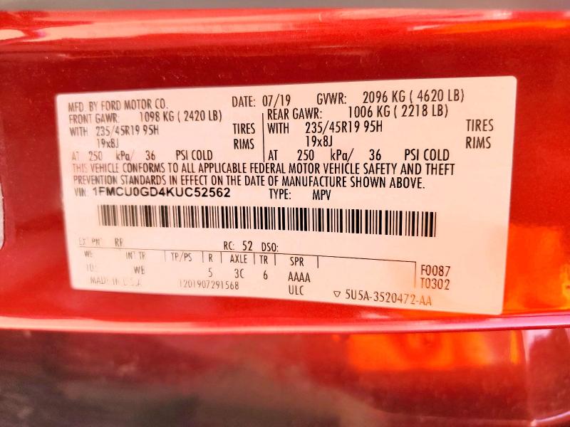 57924836 :رقم المزاد ، 1FMCU0GD4KUC52562 vin ، 2019 Ford Escape مزاد بيع