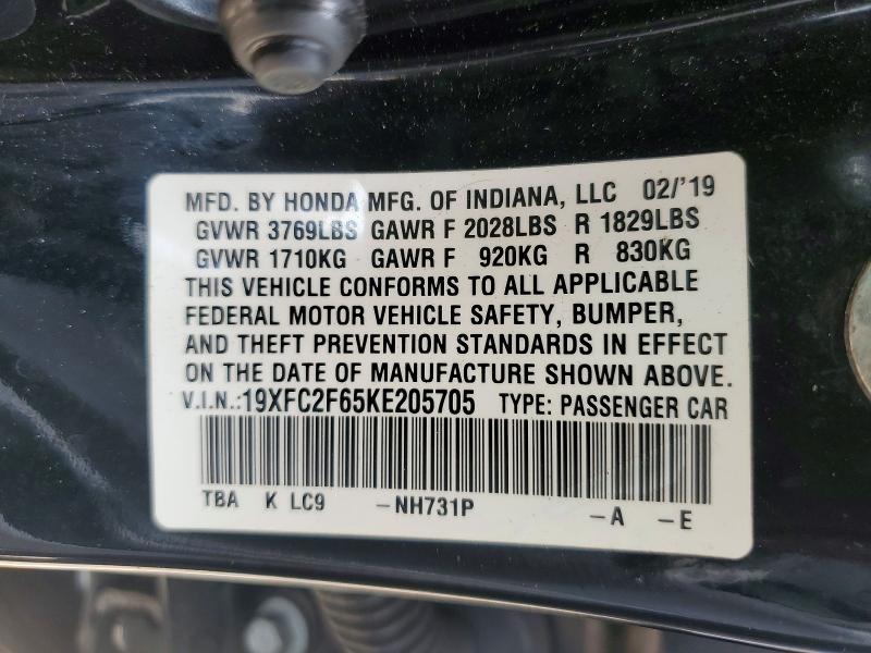 2019 Honda Civic მანქანა იყიდება აუქციონზე, vin: 19XFC2F65KE205705, აუქციონის ნომერი: 56232326
