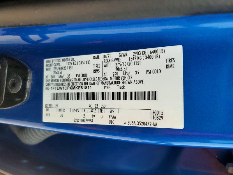 58254986 :رقم المزاد ، 1FTEW1CPXMKE81811 vin ، 2021 Ford F150 مزاد بيع