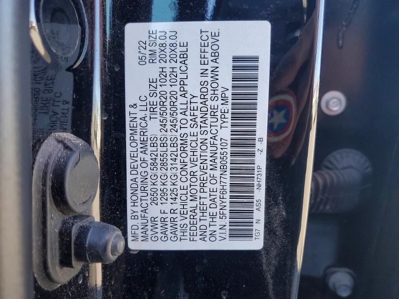 Продаж на аукціоні авто 2022 Honda Pilot, vin: 5FNYF6H77NB055107, номер лоту: 56297666
