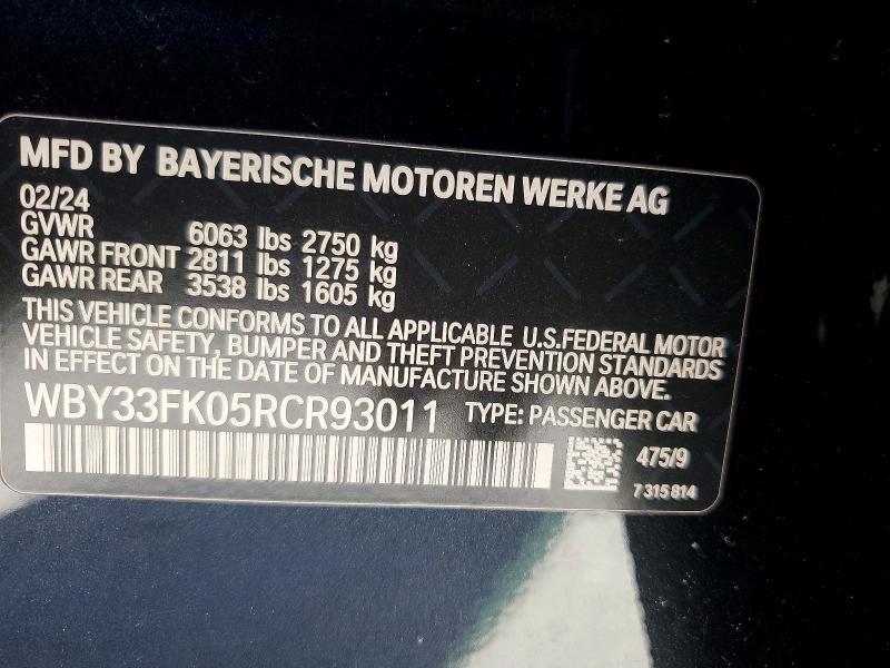 2024 Bmw I5 მანქანა იყიდება აუქციონზე, vin: WBY33FK05RCR93011, აუქციონის ნომერი: 55810556