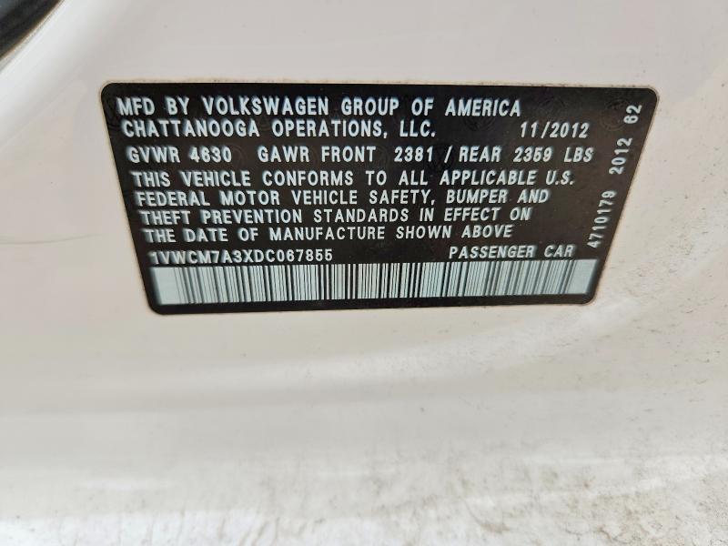 2013 Volkswagen Passat მანქანა იყიდება აუქციონზე, vin: 1VWCM7A3XDC067855, აუქციონის ნომერი: 56865486