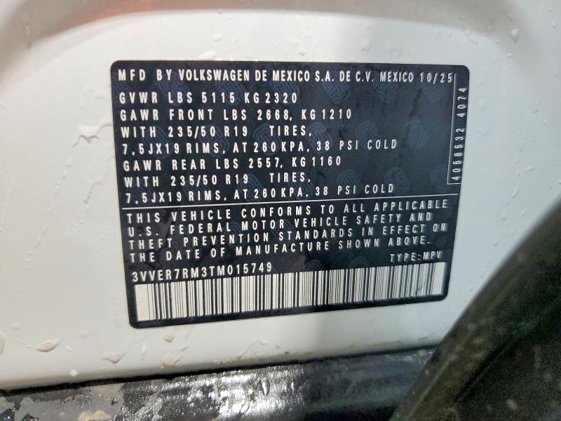 2026 Volkswagen Tiguan მანქანა იყიდება აუქციონზე, vin: 3VVER7RM3TM015749, აუქციონის ნომერი: 55628316