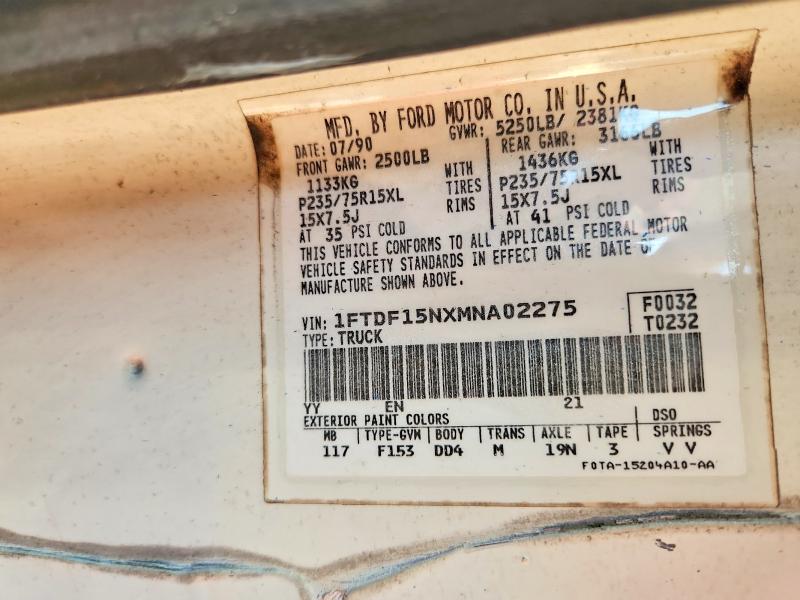 57464206 :رقم المزاد ، 1FTDF15NXMNA02275 vin ، 1991 Ford F150 مزاد بيع