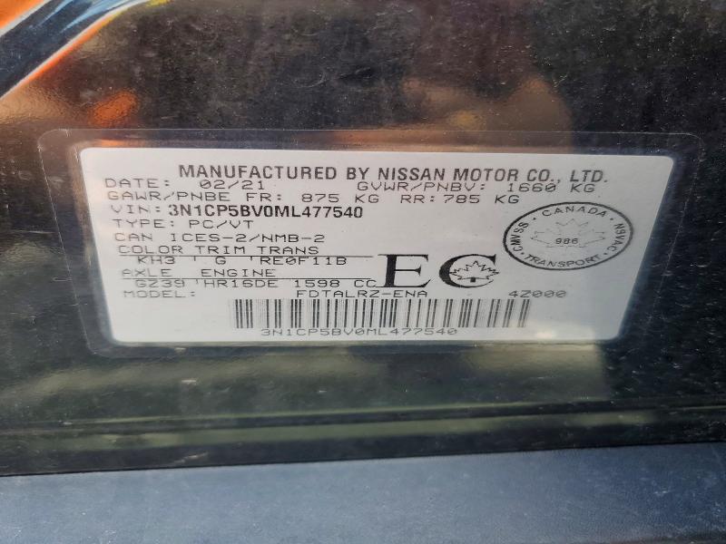 57123356 :رقم المزاد ، 3N1CP5BV0ML477540 vin ، 2021 Nissan Kicks مزاد بيع