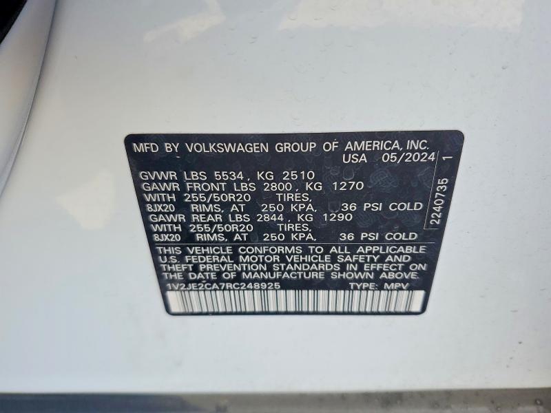 Продаж на аукціоні авто 2024 Volkswagen Atlas Cross Sport, vin: 1V2JE2CA7RC248925, номер лоту: 57609016