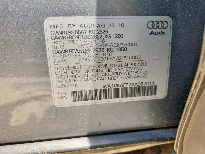 58892916 :رقم المزاد ، WA1CKAFP7AA087614 vin ، 2010 Audi Q5 مزاد بيع