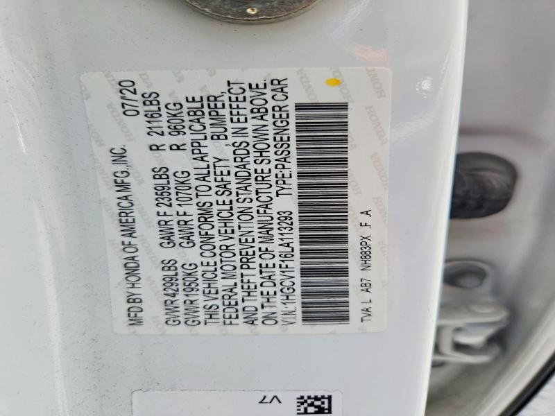 56617476 :رقم المزاد ، 1HGCV1F16LA113293 vin ، 2020 Honda Accord مزاد بيع