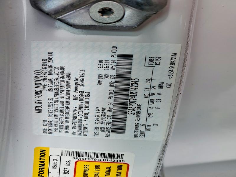2020 Ford Fusion მანქანა იყიდება აუქციონზე, vin: 3FA6P0T94LR142345, აუქციონის ნომერი: 58748126