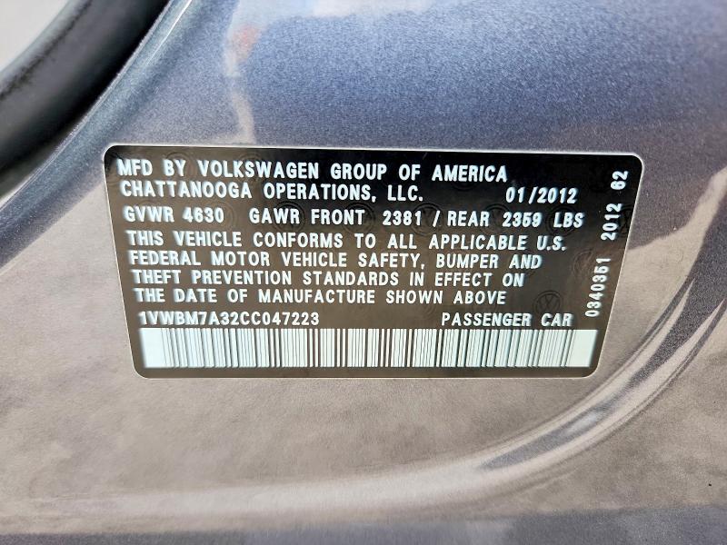 56723186 :رقم المزاد ، 1VWBM7A32CC047223 vin ، 2012 Volkswagen Passat مزاد بيع