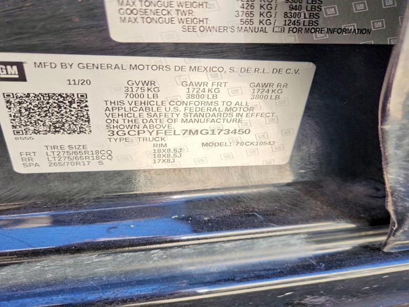 56902246 :رقم المزاد ، 3GCPYFEL7MG173450 vin ، 2021 Chevrolet Silverado مزاد بيع