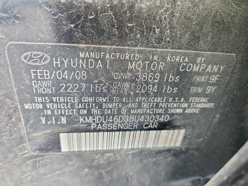 Aukcja sprzedaży 2008 Hyundai Elantra, vin: KMHDU46D38U430340, numer aukcji: 58727736