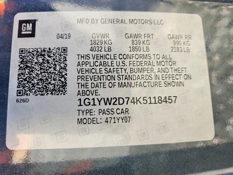 Auction sale of the 2019 Chevrolet Corvette, vin: 1G1YW2D74K5118457, lot number: 58336076