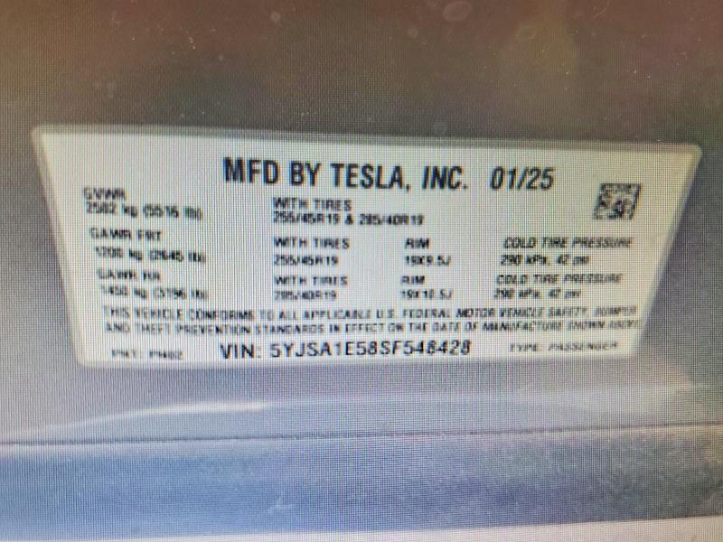 2025 Tesla Model S მანქანა იყიდება აუქციონზე, vin: 5YJSA1E58SF548428, აუქციონის ნომერი: 56179726