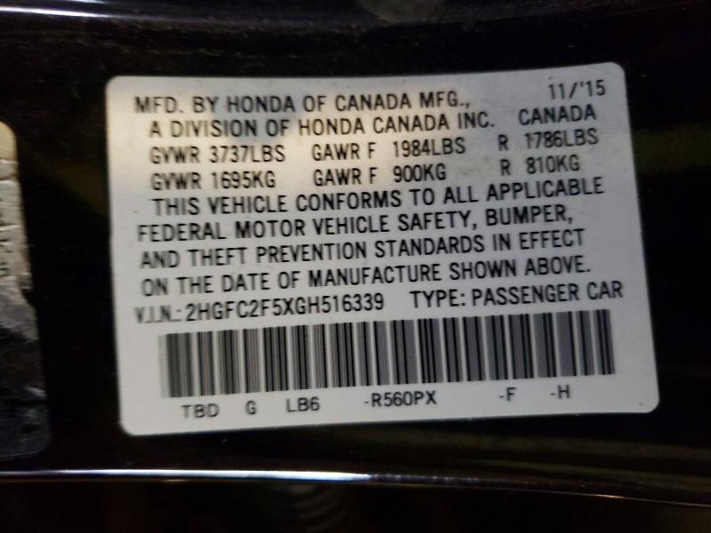 58834516 :رقم المزاد ، 2HGFC2F5XGH516339 vin ، 2016 Honda Civic مزاد بيع