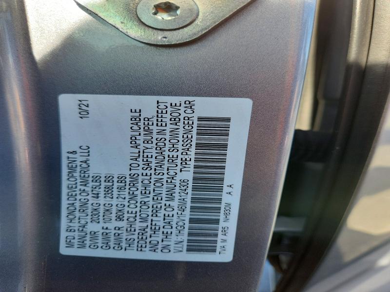 56347476 :رقم المزاد ، 1HGCV1F46MA124306 vin ، 2021 Honda Accord مزاد بيع