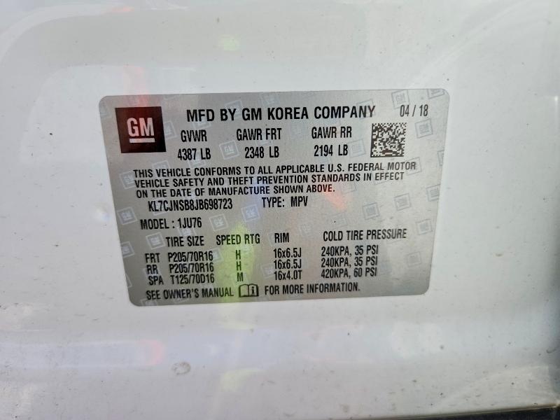2018 Chevrolet Trax მანქანა იყიდება აუქციონზე, vin: KL7CJNSB8JB698723, აუქციონის ნომერი: 58564366