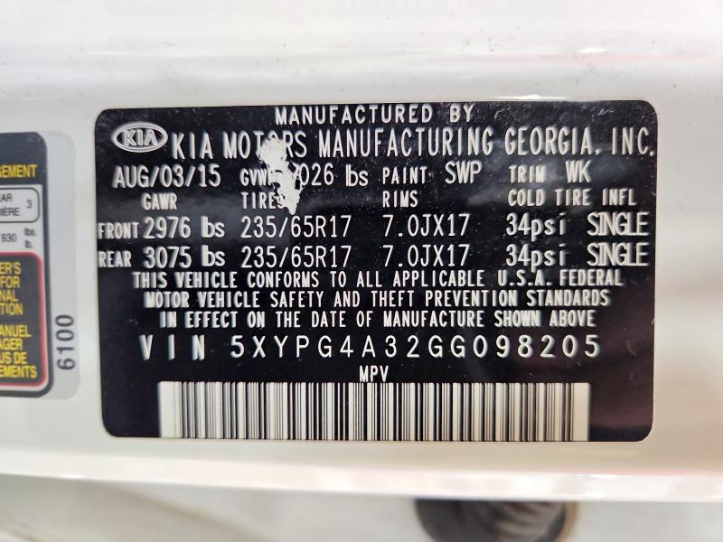 Продаж на аукціоні авто 2016 Kia Sorento, vin: 5XYPG4A32GG098205, номер лоту: 58275866