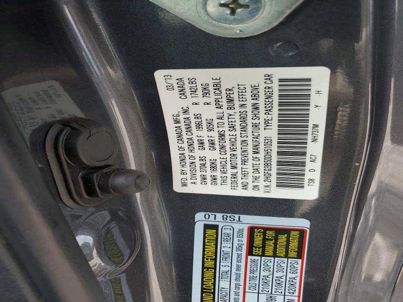 57515186 :رقم المزاد ، 2HGFG3B50DH510531 vin ، 2013 Honda Civic مزاد بيع