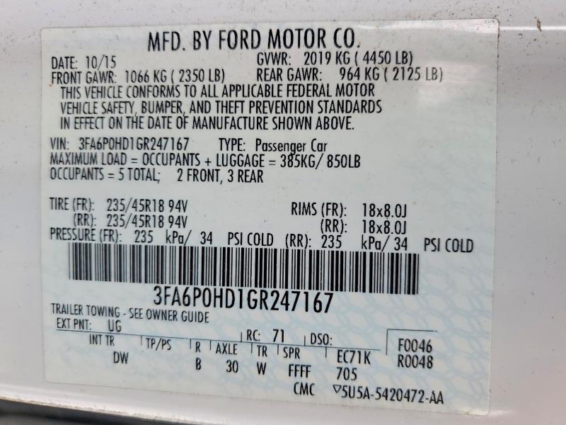 Продажа на аукционе авто 2016 Ford Fusion, vin: 3FA6P0HD1GR247167, номер лота: 85450985