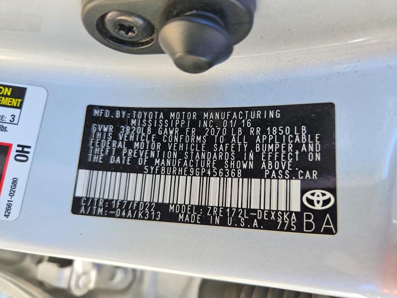 Продажа на аукционе авто 2016 Toyota Corolla, vin: 5YFBURHE9GP456368, номер лота: 56507596