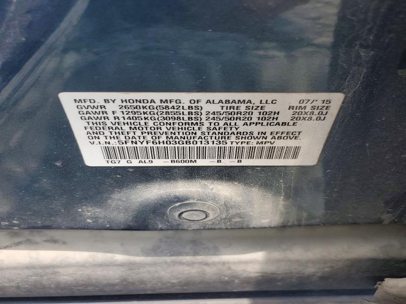 Продажа на аукционе авто 2016 Honda Pilot, vin: 5FNYF6H03GB013135, номер лота: 58652406