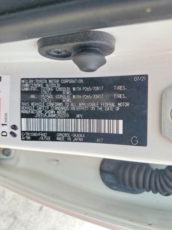 2021 Toyota 4runner მანქანა იყიდება აუქციონზე, vin: JTEEU5JR8M5250319, აუქციონის ნომერი: 57652566
