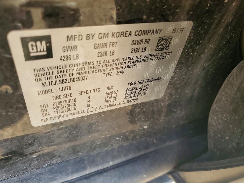 57384186 :رقم المزاد ، KL7CJLSB2LB049037 vin ، 2020 Chevrolet Trax مزاد بيع