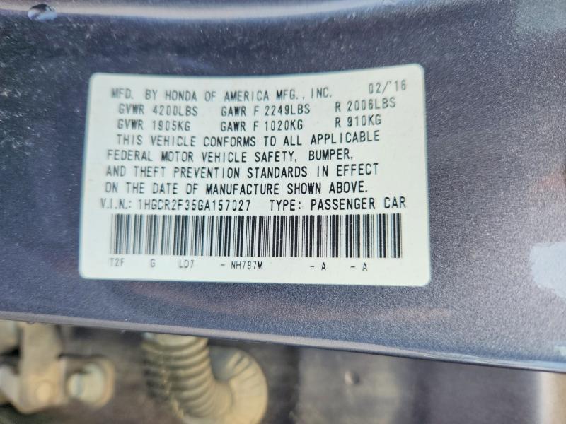 Auction sale of the 2016 Honda Accord, vin: 1HGCR2F35GA157027, lot number: 55817996