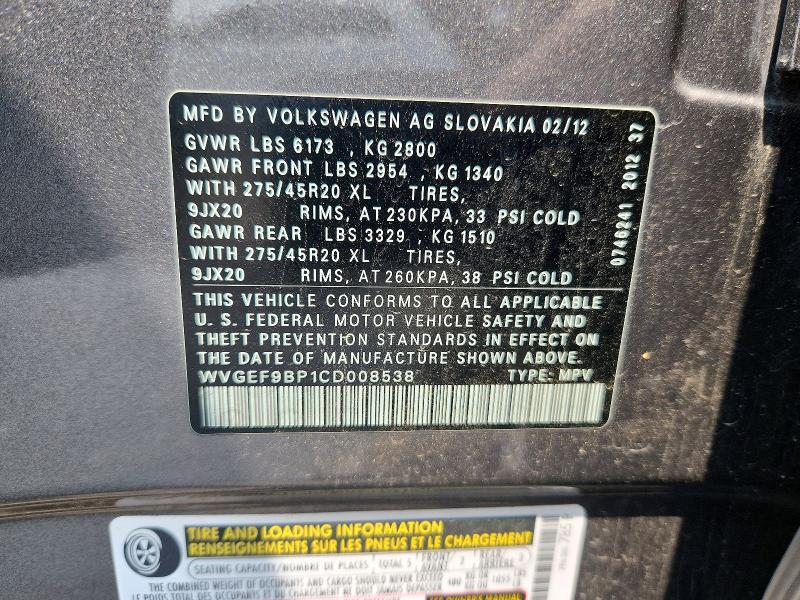 Aukcja sprzedaży 2012 Volkswagen Touareg, vin: WVGEF9BP1CD008538, numer aukcji: 57727116