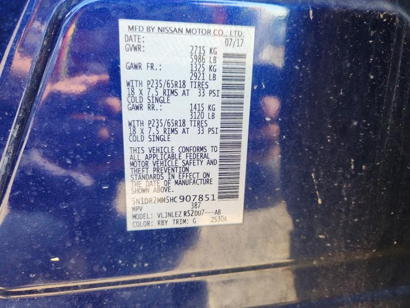 2017 Nissan Pathfinder მანქანა იყიდება აუქციონზე, vin: 5N1DR2MM5HC907851, აუქციონის ნომერი: 85769875