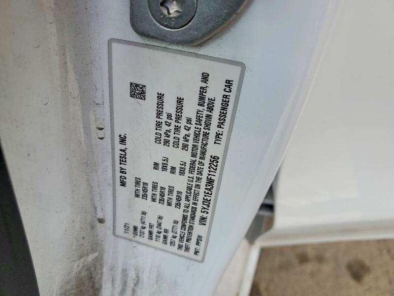 59181546 :رقم المزاد ، 5YJ3E1EA3NF112256 vin ، 2022 Tesla Model 3 مزاد بيع