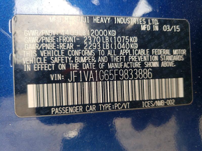 Aukcja sprzedaży 2015 Subaru Wrx, vin: JF1VA1G65F9833886, numer aukcji: 58054426