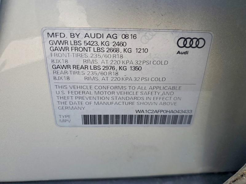 Aukcja sprzedaży 2017 Audi Q5, vin: WA1C2AFP0HA043433, numer aukcji: 57492316