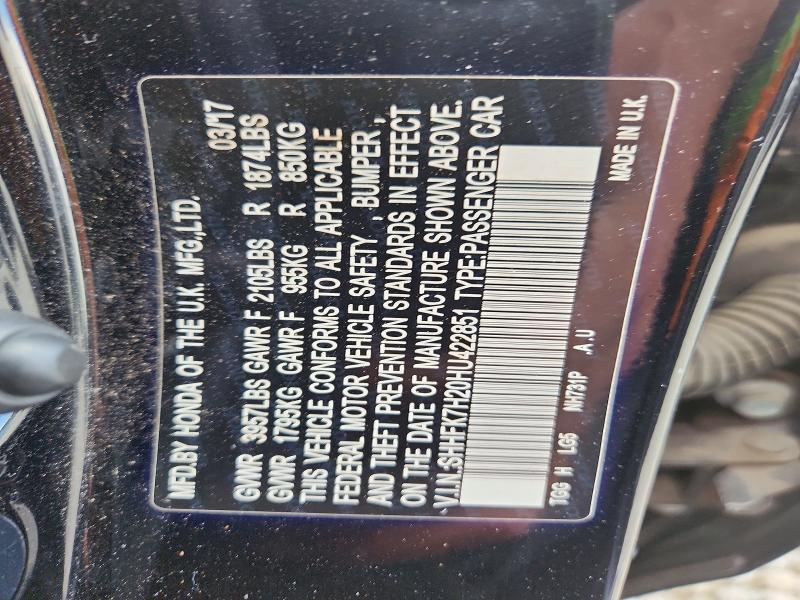 2017 Honda Civic მანქანა იყიდება აუქციონზე, vin: SHHFK7H20HU422851, აუქციონის ნომერი: 56668056