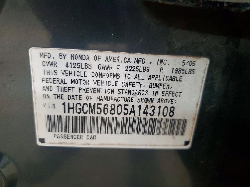 Продаж на аукціоні авто 2005 Honda Accord, vin: 1HGCM56805A143108, номер лоту: 57165356