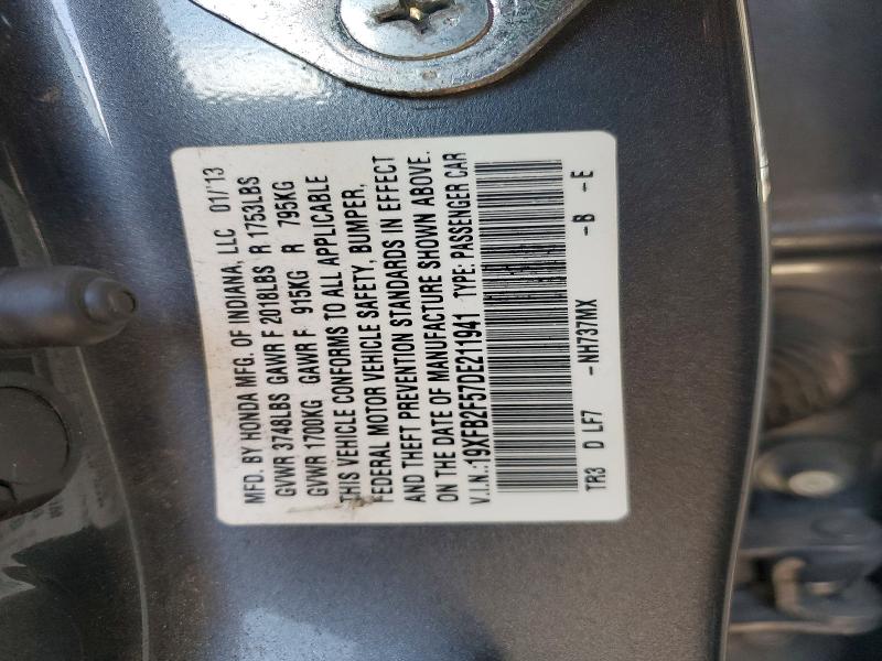 2013 Honda Civic მანქანა იყიდება აუქციონზე, vin: 19XFB2F57DE211941, აუქციონის ნომერი: 56700886