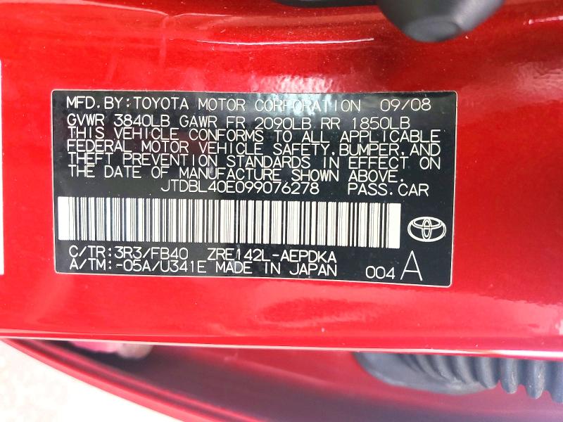 Auction sale of the 2009 Toyota Corolla, vin: JTDBL40E099076278, lot number: 58950176