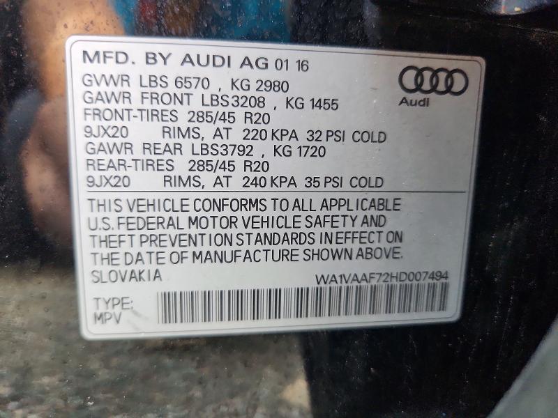 2017 Audi Q7 მანქანა იყიდება აუქციონზე, vin: WA1VAAF72HD007494, აუქციონის ნომერი: 56967796