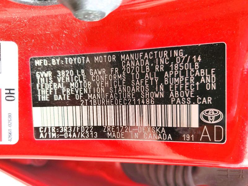 57581686 :رقم المزاد ، 2T1BURHE0EC211486 vin ، 2014 Toyota Corolla مزاد بيع