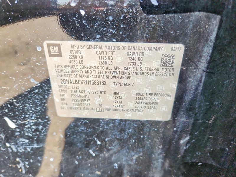 58867396 :رقم المزاد ، 2GNALBEK2H1583762 vin ، 2017 Chevrolet Equinox مزاد بيع