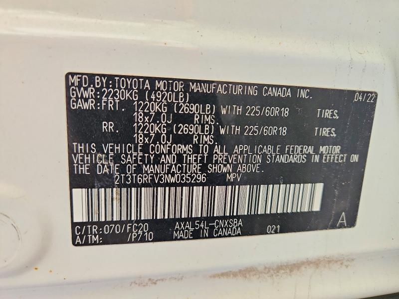 Aukcja sprzedaży 2022 Toyota Rav4, vin: 2T3T6RFV3NW035296, numer aukcji: 57362766