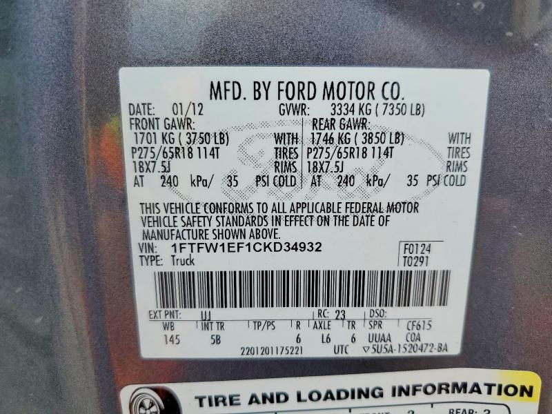 Aukcja sprzedaży 2012 Ford F150, vin: 1FTFW1EF1CKD34932, numer aukcji: 58456586