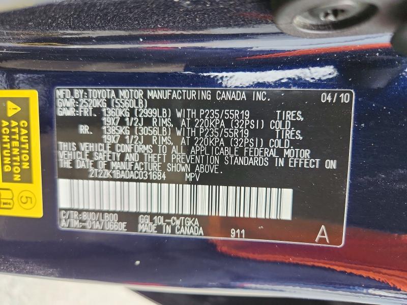 51545466 :رقم المزاد ، 2T2ZK1BA0AC031684 vin ، 2010 Lexus Rx مزاد بيع