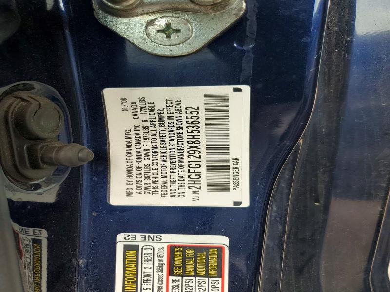 2008 Honda Civic მანქანა იყიდება აუქციონზე, vin: 2HGFG129X8H536552, აუქციონის ნომერი: 58330346