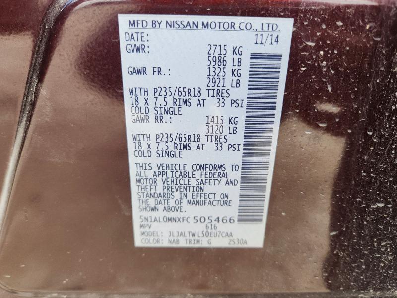 55620166 :رقم المزاد ، 5N1AL0MNXFC505466 vin ، 2015 Infiniti Qx60 مزاد بيع
