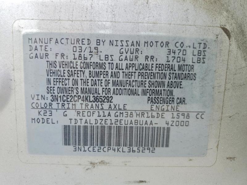 58159496 :رقم المزاد ، 3N1CE2CP4KL365292 vin ، 2019 Nissan Versa Note مزاد بيع